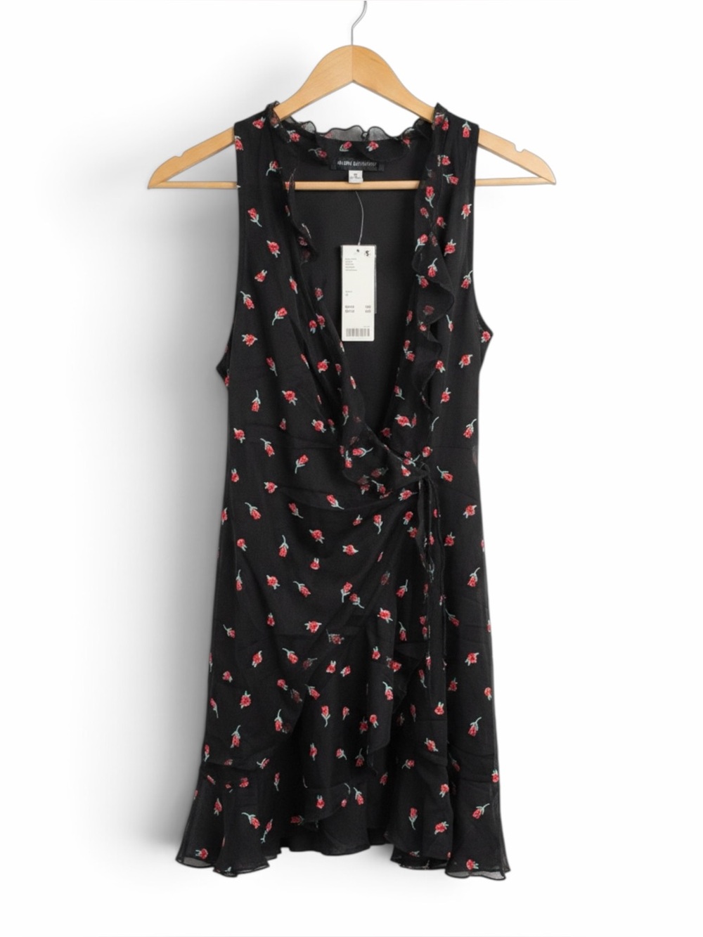 UO Black Red Rose Floral Halter Wrap Mini Dress NWT